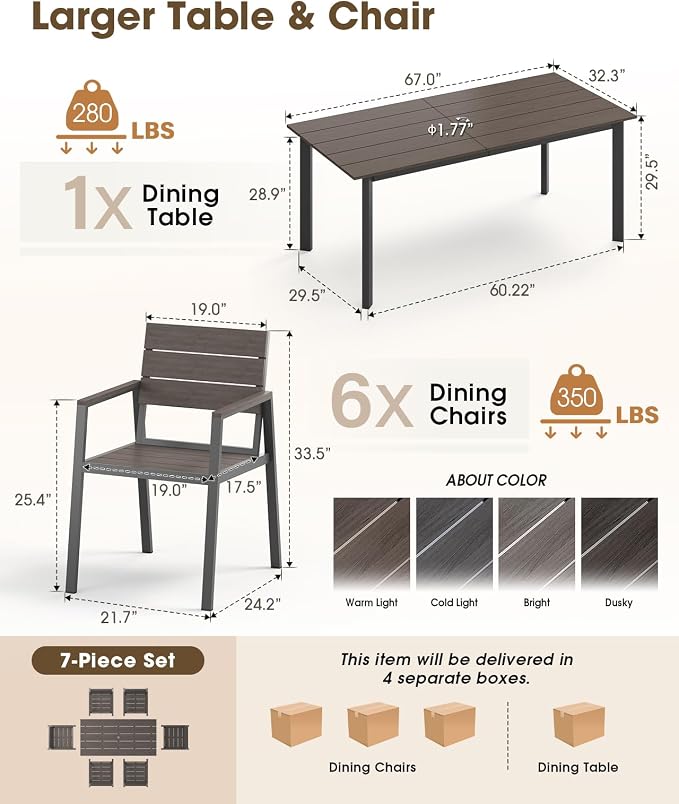 Outdoor Dining Set for 6, Aluminum Patio HDPS Outdooor Table and Chairs Set with Umbrella Hole, All Weather Patio Furniture Set, 7 Peice Patio Dining Table Set (Charcoal)