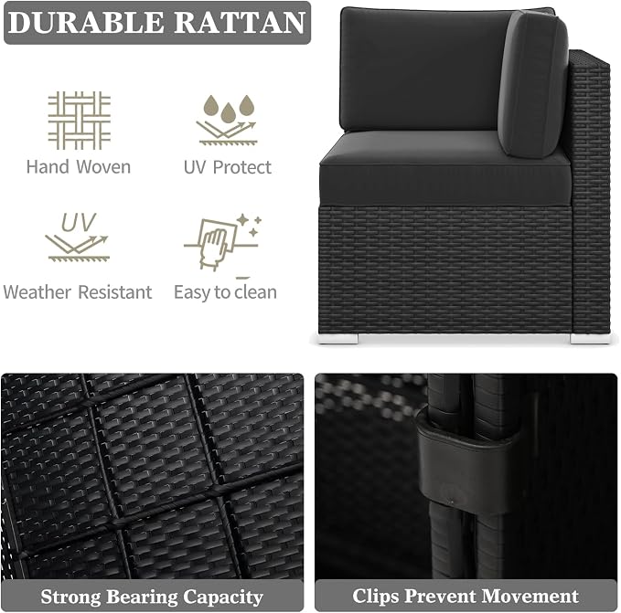 LayinSun 11 Pieces Patio Furniture Set with Fire Pit Table, Black Rattan Modular Sectional Outdoor Conversation Sofa Set, Swivel Rocking Chairs Set