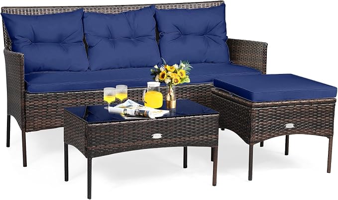 HAPPYGRILL 3 Piece Outdoor Rattan Conversation Set Patio Furniture Set with Tempered Glass Coffee Table, 5 Elastic Seat & Back Cushions, Sectional Sofa Set for Poolside Balcony Backyard