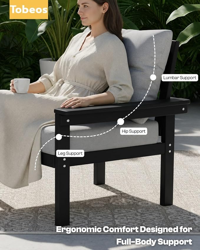 HDPE 3 Piece Patio Furniture Set, All-Weather Outdoor Couch Set with Thick Cushions, Patio Conversation Sets for Lawn, Garden, Porch, Balcony, Deck, Poolside, Black Frame Grey Cushion