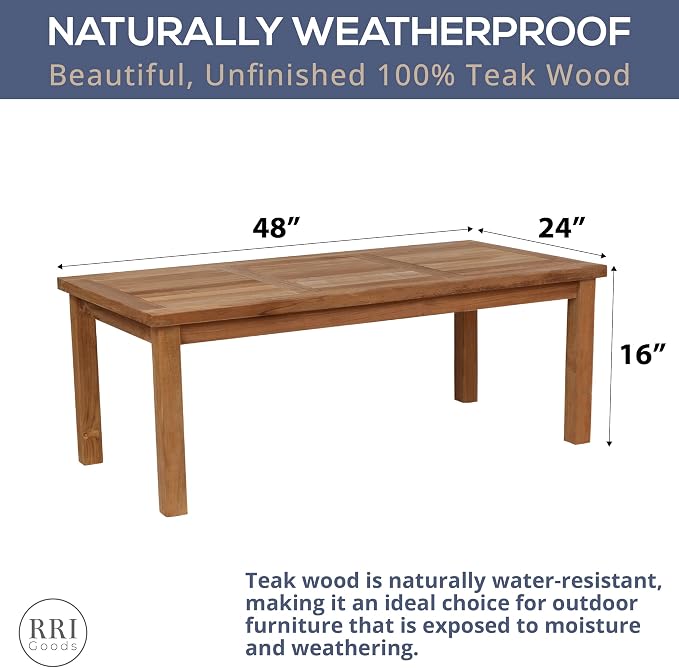 Teak Outdoor Coffee Table, Premium Grade A Teak Wood Patio Furniture, 24"X 48" Rectangular Table for Patio, Balcony, Lawn, Deck, Backyard, Terrace