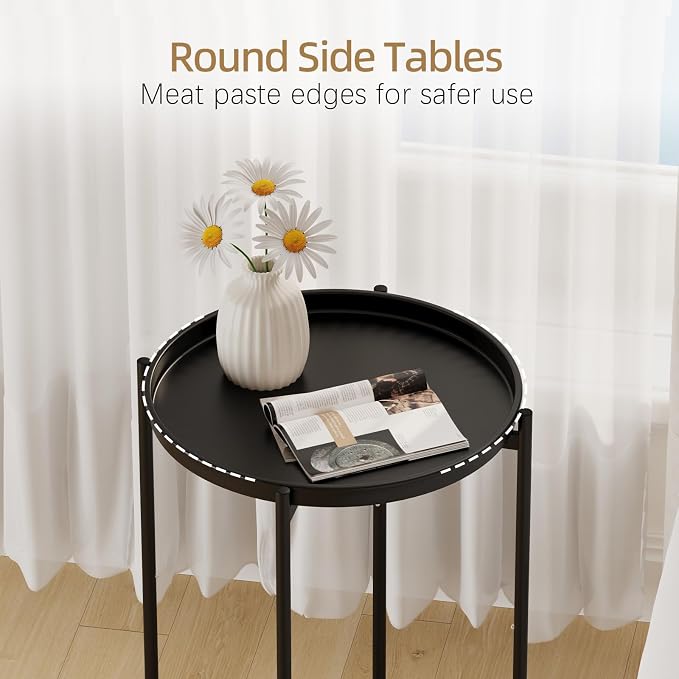 Garden 4 you Small Side Table, Mini Round End Table, Tray Table with Metal Frame, Modern Nightstand for Living Room, Bedroom, Patio, Small Space, Black