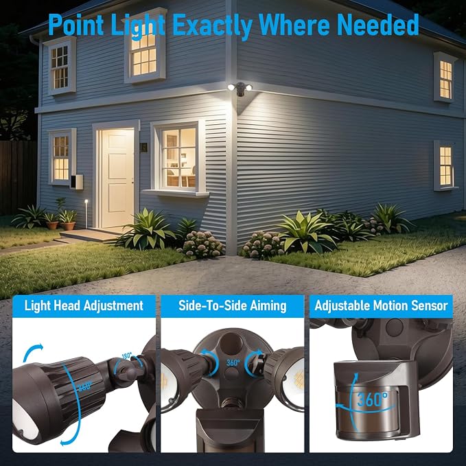 LEONLITE 3CCT Motion Sensor Security Lights Dusk to Dawn IP65 Bronze | LED Motion Detector Flood Light Outdoor, 3000K4000K5000K Selectable, ETL Listed, Adjustable Heads, Aluminum, Waterproof