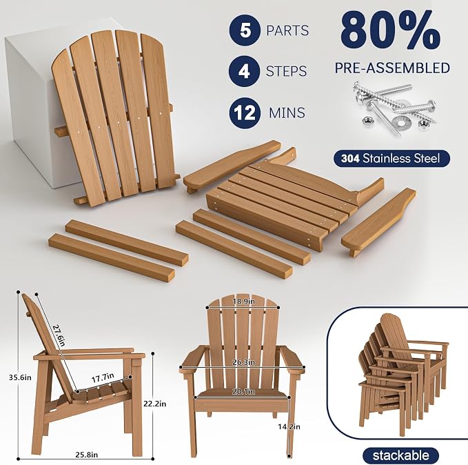 nevilywood Compact Stackable Adirondack Chairs Set of 4,HDPE,380lbs,Teak | 26.3" Wide HDPE.All-Weather Outdoor.Maintenance-Free.Stackable for Storage.25°Curved Straight Backrest.Quick Assembly