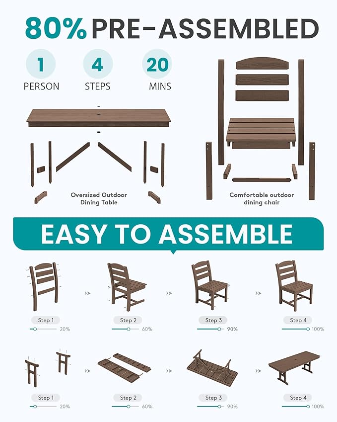 SERWALL 10 Piece Outdoor Dining Set with 15ft Triple-Head Foldable Umbrella, 84" HDPE Outdoor Table and Armless Chairs Set for 8，All Weather Patio Furniture Set with Umbrella Hole for Backyard, Brown
