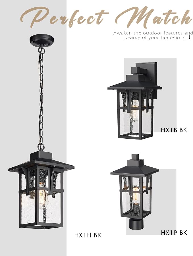 Outdoor Light Fixture, HWH Large Outdoor Wall Lantern, 1-Light Exterior Wall Mount Light with Seeded Glass, Matte Black Finish, 15" Height, HX1B BK (Large)