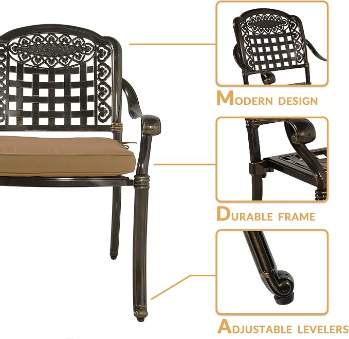 5-Piece Outdoor Patio Dining Set, All-Weather Cast Aluminum Patio Furniture Table and Chairs Set with 2" Umbrella Hole, 35.4" Round Table and 4 Chairs, 4 Cushions for Backyard Garden Deck
