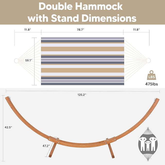 SUNCREAT Hammocks Freestanding Hammock with 10 ft Wooden Stand Included, Stand Alone Hammock for Outside, 475 lbs Capacity, Coffee