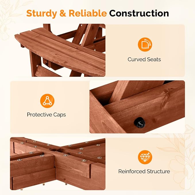 VINGLI 8-Person Wood Picnic Table Outdoor Round Picnic Table with Umbrella Hole and 4 Built-in Benches, Outdoor Dining Tables and Chairs 500 LBS Bench Capacity (Brown, Round)