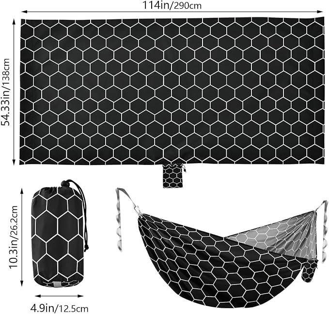 Camping Hammock Outdoor Hammocks for Outside Hexagonal Grid Black Beach Trees Portable Lightweight with Pockets Tree Straps Indoor