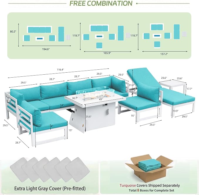 RADIATA 7 Seater Extra Large Modern Aluminum Outdoor Sofa with Lay Out Chair & Fire Pit Table, 500 lbs Durable Sectional Set for Heavy People, All Weather Comfy Patio Furniture Set for Backyard, Teal