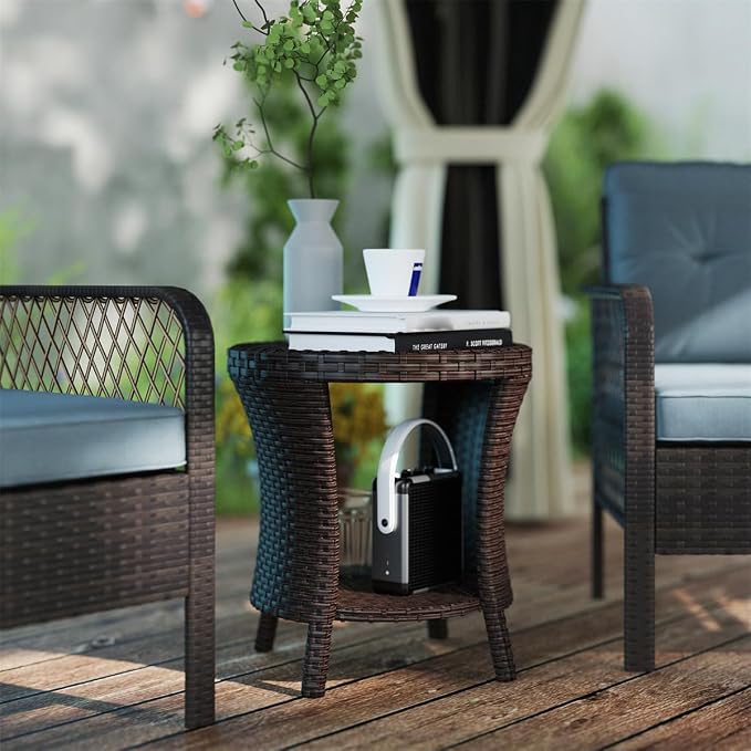 Outdoor Rattan Side Table with 2-Tier Storage, 18.1" Hourglass Shape Outdoor End Table, PE Wicker Bistro Coffee Table with Wood-Plastic Composite Top for Patio Garden Balcony, Brown