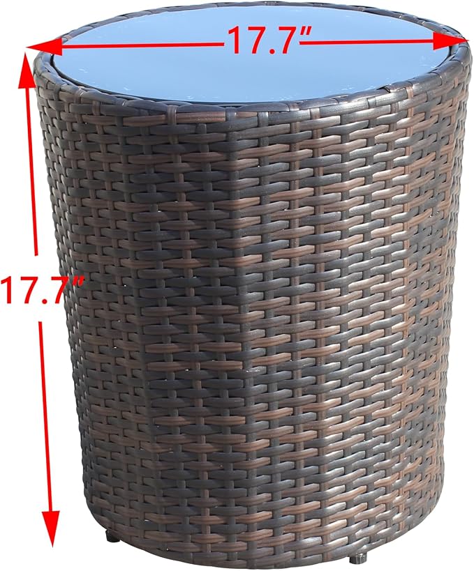 Outdoor Patio PE Rattan Round Coffee Table 17.7" Patio Side Table with Black Tempered Glass Top, Outdoor Wicker End Table for Backyard Deck Balcony, 120 lbs Capacity, Brown