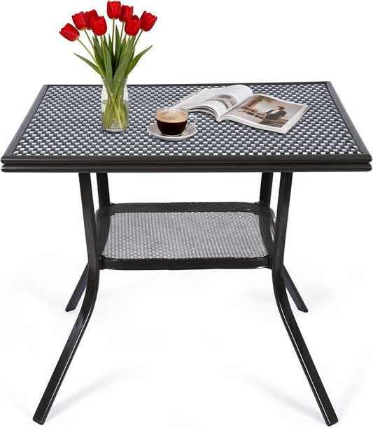 35.2" Outdoor Dining Table for 4 Person, Square Patio Dining Bistro Table with Sturdy Metal Frame & Adjustable Foot Pads for Garden, Backyard and Porch, Partitioned Storage Rack, Black