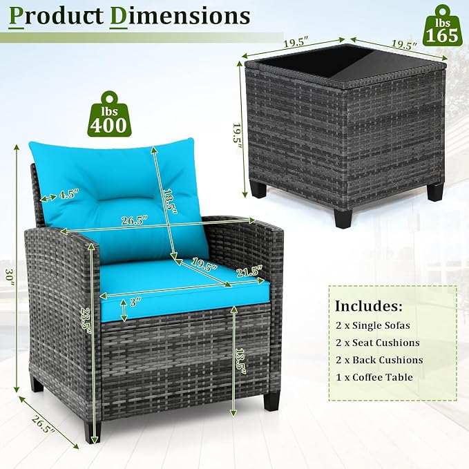 LDAILY Patio Furniture Set, 3 Pieces PE Rattan Wicker Patio Sofa Chairs with Washable Cushion & Glass Table, Outdoor Furniture Conversation Sets for Porch, Balcony, Garden, Poolside (Turquoise)
