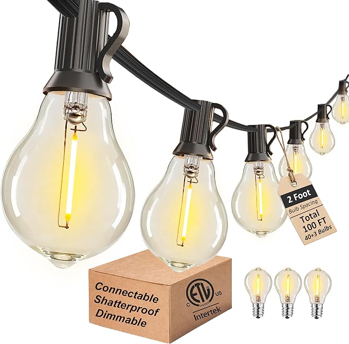 Outdoor String Lights 100FT Patio Lights Waterproof for Backyard Porch Deck | 2FT Bulbs Spacing, 100FT Connectable Outside Lighting with 43 Shatterproof Dimmable LED Edison Bulbs for Garden Balcony Party