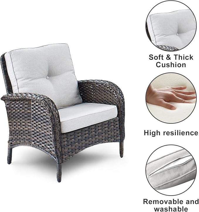 HUMMUH 3 Pieces Patio Furniture Set Outdoor Wicker Bistro Rattan Chairs with Glass Top Side Table and Thickened Cushions for Porch Deck Backyard Poolside