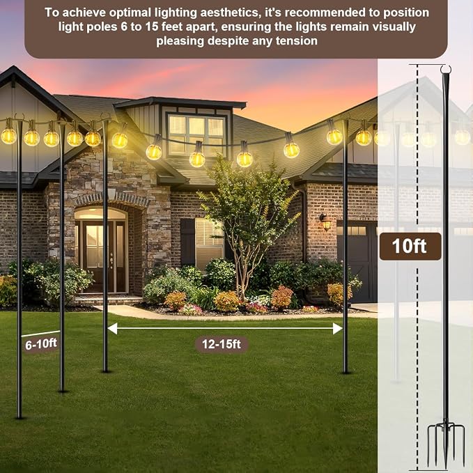 MuliVid 4 Pack String Light Poles for Outdoor,Metal Light Hanging Pole Outside with Fork,Light Stand for Patio, Pergola, Garden, Backyard, Yard, Camping Party (4 Pack)
