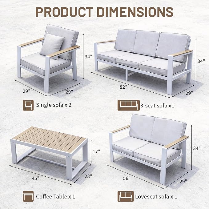 Modern All Weather Aluminum Patio Conversation Set,5 Pieces Oversized Metal Sectional Sofa Couch with Cushions and Coffee Table,Outdoor Furniture for Backyard,Porch,Garden, Balcony,Deck White