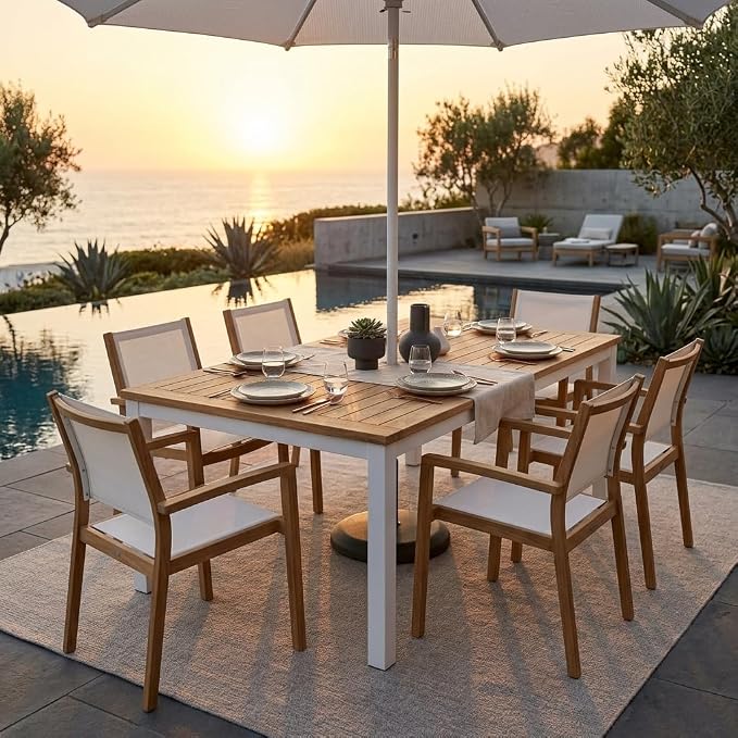Hives & Honey Catalina Rectangular Outdoor Dining Table, Grade-A Teak Wood Patio Table with Aluminum Legs & Umbrella Hole, Seats 4–6, White
