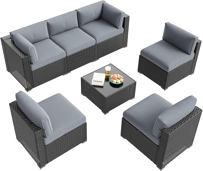 Aoxun Patio Furniture Set, 7 Piece Outdoor Sectional Sofas with Waterprool Cover, Wicker Rattan Outdoor Furniture Patio Conversation Set for Backyard, Garden Light Grey