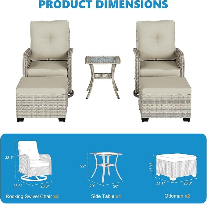 5-Piece Small Patio Furniture Set, Outdoor Swivel Rocking Chairs Set with Ottomans, Patio Bistro Set for Balcony, Deck, Porch,Ivory