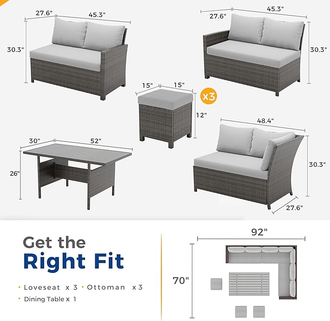 Wisteria Lane 7 Piece Patio Furniture Set, High Curved Back Wicker Outdoor Dining Set, All Weather Patio Sectional, Outdoor Furniture Patio Conversation Set with Ottoman, Ash Gray