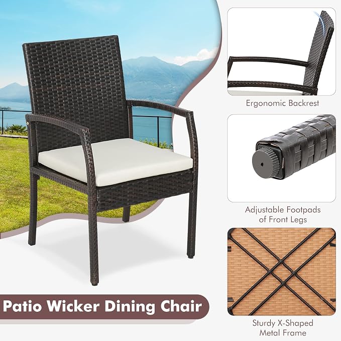 Tangkula 7 Piece Patio Rattan Dining Set, Outdoor Wicker Chair & Dining Table Set, Acacia Wood Tabletop w/Umbrella Hole, Seat Cushions Included, for Poolside, Backyard (7 PCS)