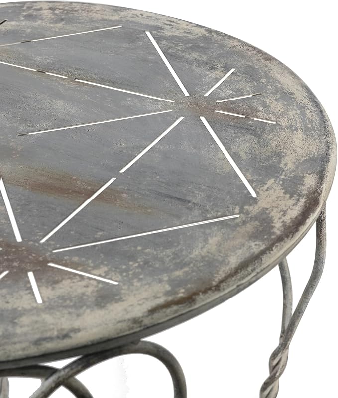 Heart Iron Side Table, Distressed Silver 26x26x30 in | Distressed silver iron, heart swirl design, twisted legs, round lower ring shelf, 2-tier, assembly required