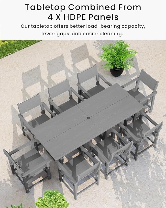 9-Piece Outdoor Dining Set, HDPE Weatherproof Patio Table and Chairs Set for 8, Outdoor Patio Furniture Sets with Umbrella Hole for Outside, Deck, Backyard, Garden (Grey)