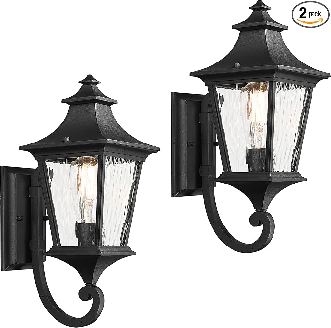 Emliviar 2 Pack Modern Outdoor Wall Sconces, 15" Exterior Lighting Fixtures with Water Ripple Glass for Porch, Black Finish, XE292UB-2PK-SW BK