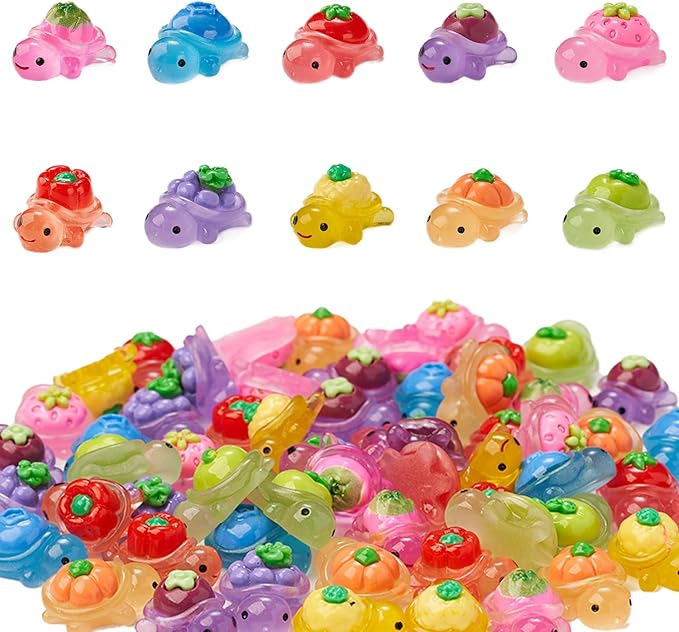 60Pcs Mini Resin Turtles, Tiny Sea Animals Figures, Small Luminous Bulk Glow in the Dark, Stylized Turtles Fruits & Veggies on the Back for Crafts Micro Landscaping Tank Fairy Garden Decor