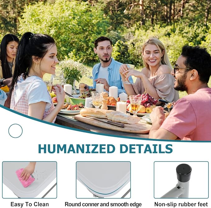 4FT Folding Table, Height Adjustable Table, Heavy Duty Plastic Tables Portable Fold-in-Half Utility Table w/Handle & Lock for Camping BBQ Party Banquet Wedding Market Events, 330LBS