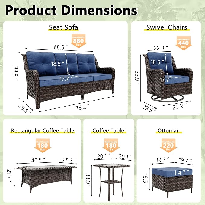 Outdoor Patio Furniture Set,7 Pieces 7 Seats Outdoor Sectional Furniture All Weather Thick PE Rattan Wicker Patio Conversation Set with Ottoman & Coffee Table,Swivel Rocking Chairs Set,Navy Blue