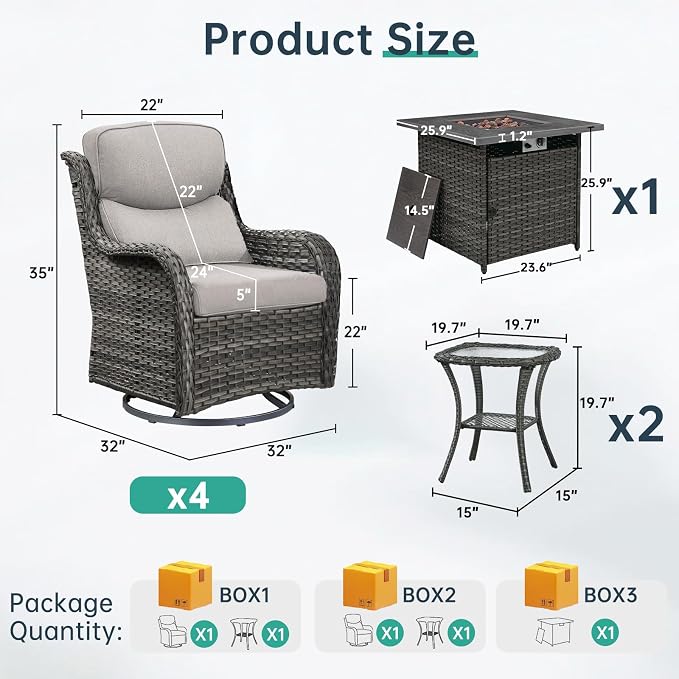 Outdoor Swivel Rocker Patio Chairs Set of 4 with Fire Table - 5" Thick Cushion 6 Piece Furniture Set with Fire Pit Table All Weather Wicker Conversation Set for Porch Deck - Gray/Beige