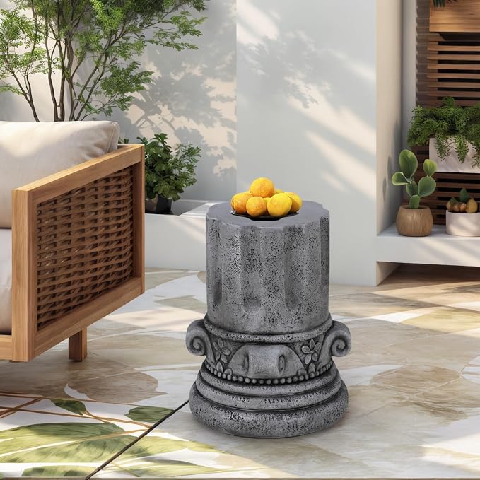 Modern Cement Tree Stump Stool Table, Faux Stone Round Outdoor Side Table for Patio & Garden, Indoor and Outdoor Accent Furniture, Antique Grey