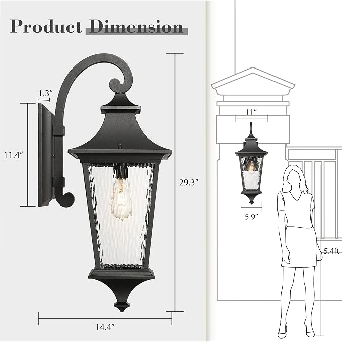 Emliviar 29.3" Exterior Waterproof Wall Sconce Light Fixture, Porch Wall Mounted Lighting with Water Ripple Glass Shade, Black Finish, XE292BL-SW BK