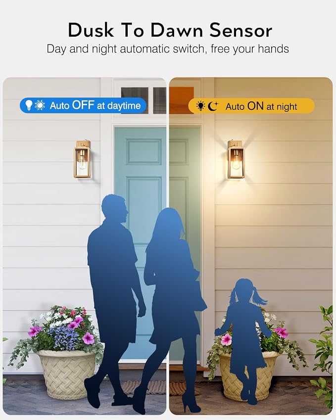 VIANIS Gold Outdoor Wall Light Dusk to Dawn Sensor, Exterior Wall Mount Sconces Lanterns Fixture for House, Golden Waterproof Aluminum Outside Wall Lamps for Patio, Porch Lighting for Garage Entryway
