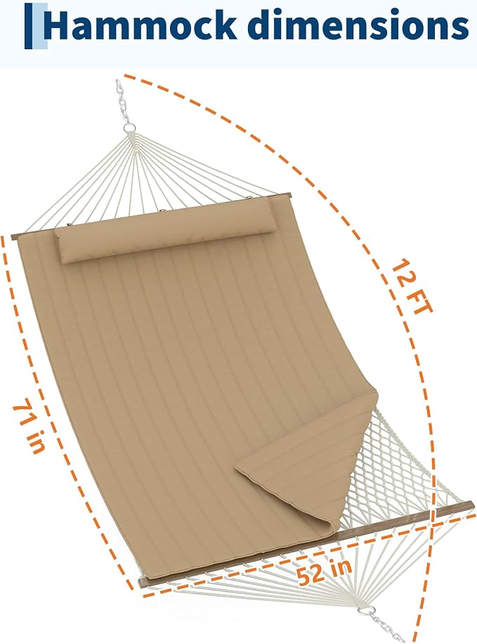 2 Person Hammock with Stand - Cotton Rope & Padded Polyester - Adjustable Steel Frame - 2-in-1 Outdoor Comfort for Patio, Backyard, Garden, Beach - Tan