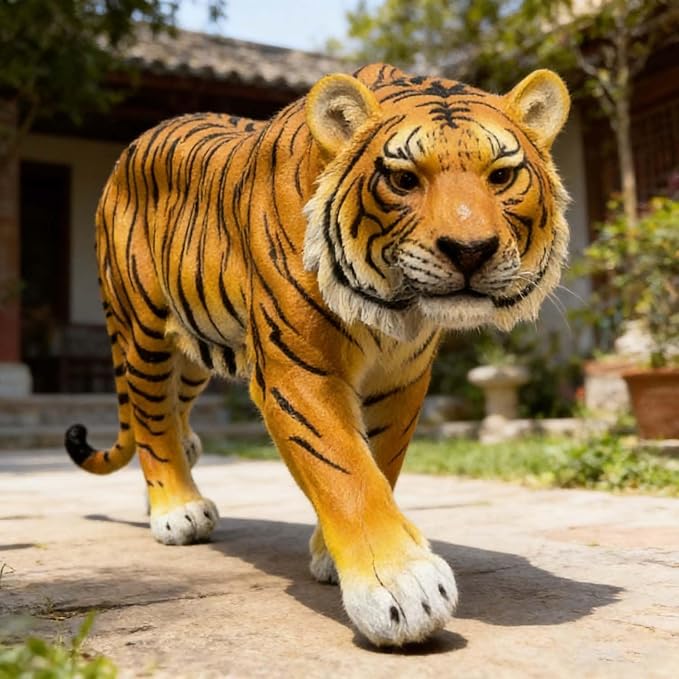 33" Large Tiger Garden Statue, Orange with Black Stripes | Fierce Walking Tiger Sculpture, For Outdoor Patio & Pool Area, Hand-Painted