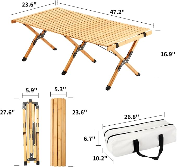UNICOO –Bamboo Roll Up Picnic Table, Portable Camping Table W/Carry Bag, Low Height Foldable BBQ Top for Indoor & Outdoor Party, BBQ and Hiking (Natural, 4 FT)