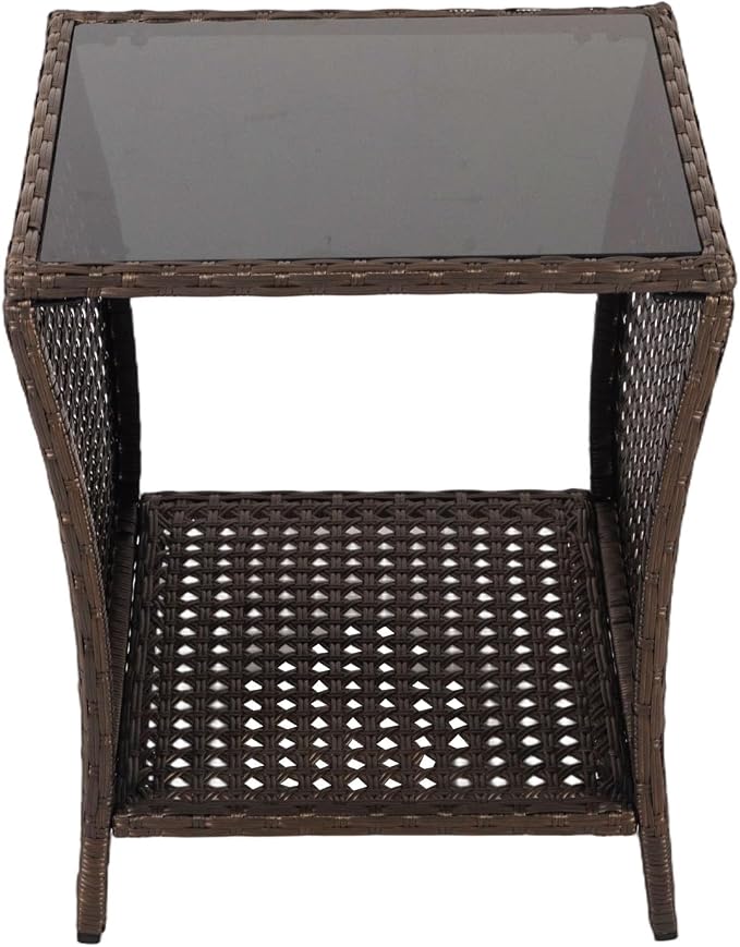 Outdoor Side Table - Patio Rattan End Table with Square Glass Tabletop, Wicker Outdoor Side Table with Extra Storage Shelf for Garden, Backyard, Porch, Black Gold