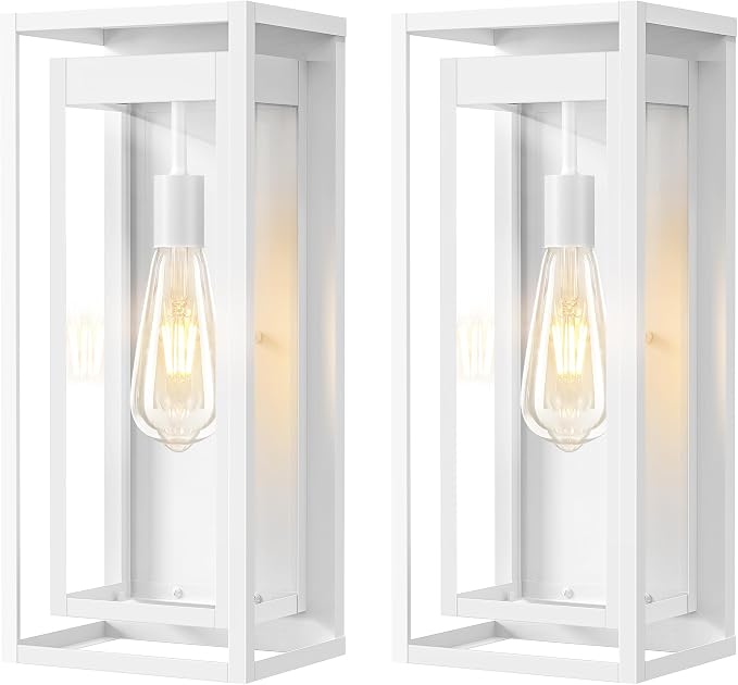 19" White Outdoor Light Fixture, 2 Pack Large Size Outdoor Sconce Lights with Clear Glass Shade, Waterproof Porch Lighting Exterior Light Fixture for Front Door, Garage