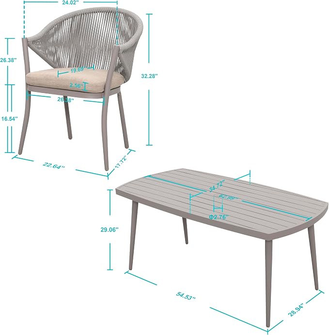 Nuu Garden Outdoor 7 Piece Dining Set, Woven Rope Conversation Chairs with Seat Cushions and Tufted Pillows, Aluminum Dining Table with 2.76" Umbrella Hole, Ideal for Patio, Lawn, Garden, Porch, Beige