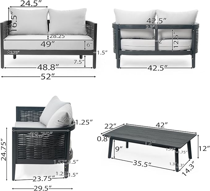 Christopher Knight Home Peron Patio 4-Seater Conversation Set, Sofa/Loveseat, 2 Club Chairs, Coffee Table, Cushion+Back Pillows, Acacia Wood+Wicker, Garden, Backyard, Poolside, Black + Light Grey