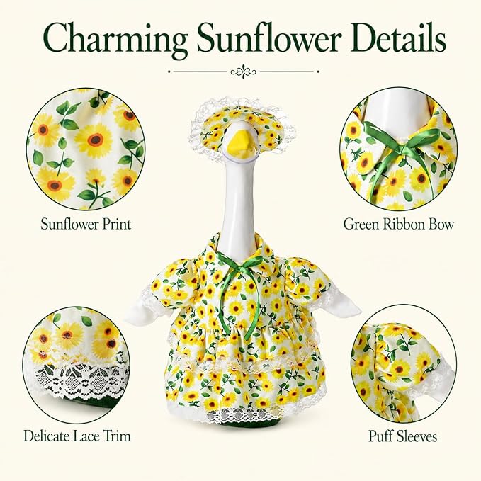 Spring Summer Porch Goose Outfit for 23 Inch Goose Statue, Sunflower Porch Goose Clothes with Lace Trim and Matching Hat, Cute Goose Statue Clothes for Outdoor Yard Lawn Patio Garden Decor
