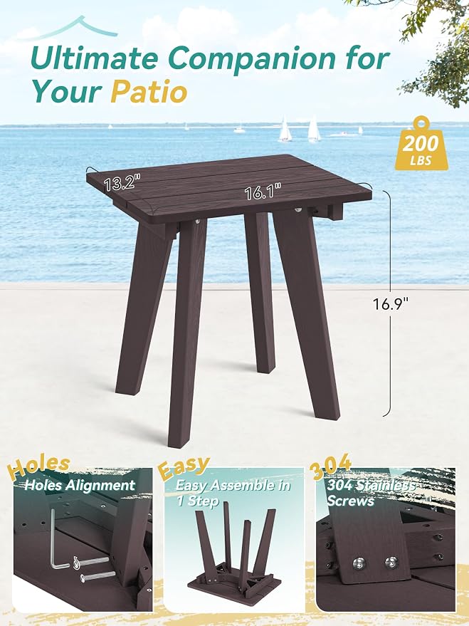 Outdoor Side Table, HDPE Weather Resistant Small Patio Table for Porch and Balcony, 200 LBS Capacity Heavy Duty Small Outdoor Table for Backyard and Pool, Easy Maintenance, Chocolate Brown