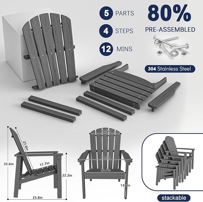 nevilywood Compact Stackable Adirondack Chairs,All Weather HDPE,380lb,Grey | 26.3" Wide HDPE.All-Weather Outdoor.Maintenance-Free.Stackable for Storage.25°Curved Straight Backrest.Quick Assembly