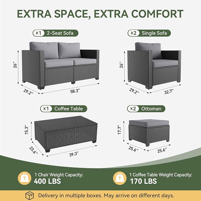 Aoxun 7 Piece Outdoor Patio Furniture Set 6 Seats, Outdoor Sectional with Thick Waterproof Cushions, Patio Conversation Sets for Garden,Backyard, Porch, Balcony, Deck, Black & Gray