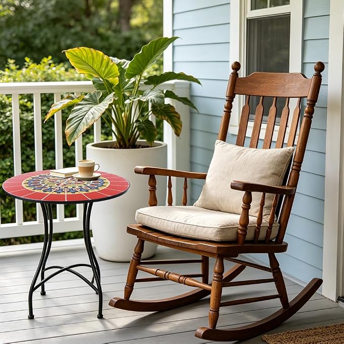 23.6" Outdoor Patio Mosaic Round Table Garden Bistro Accent Table | Ceramic Tile Waterptoof Side End Table Metal Frame Dining Table Furniture for Balcony Backyard Porch Poolside Terrace